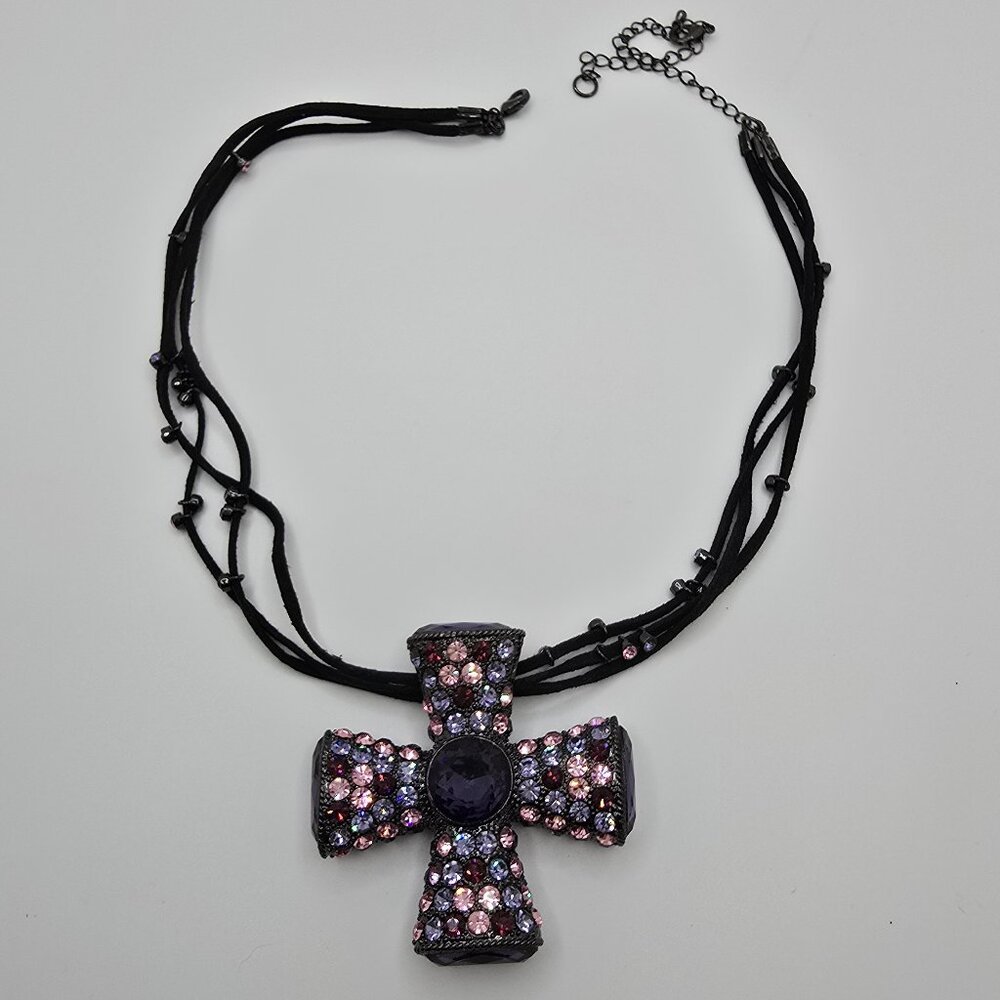 Vintage Black-tone Metal Purple & Pink Crystal Maltese Cross on Triple Cord